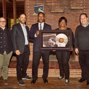 Coltrane Plaque Presentation-Photo Credit Meredith Truax L to R Jamie Krents, Michael Frisch, Ravi Coltrane, Michelle Coltrane, Ken Druker